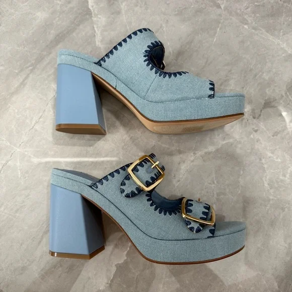NWOT Women’s Marc Fisher Dalen Block Heel Slip On Denim Buckle Sandals Size 10 - Picture 5 of 13